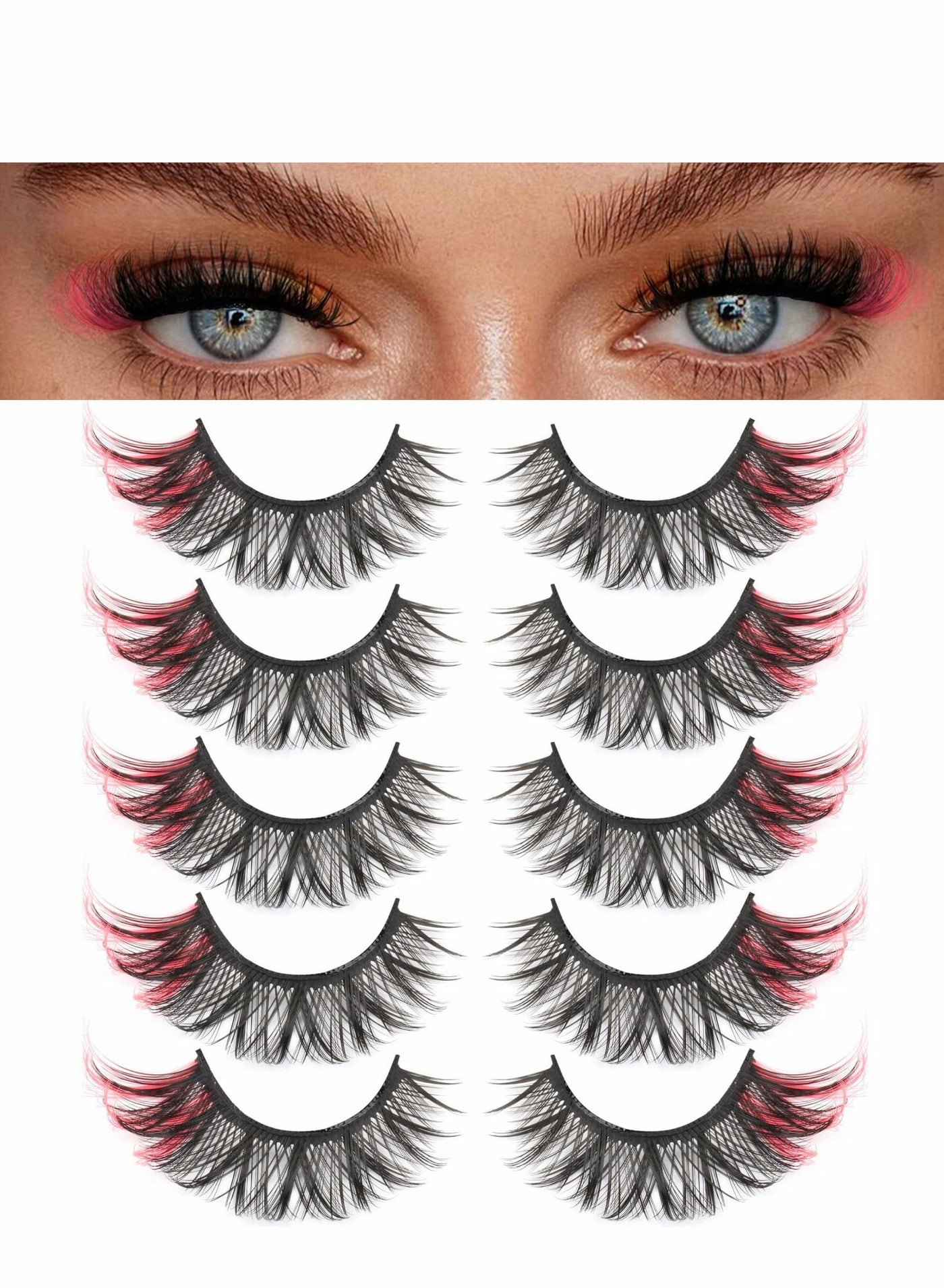 False Eyelashes Cat Eye Look 8D Fluffy Wispy Faux Mink Colored Lashes Handmade Reusable 5 Pairs Dramatic Volume  Eyelash Pack