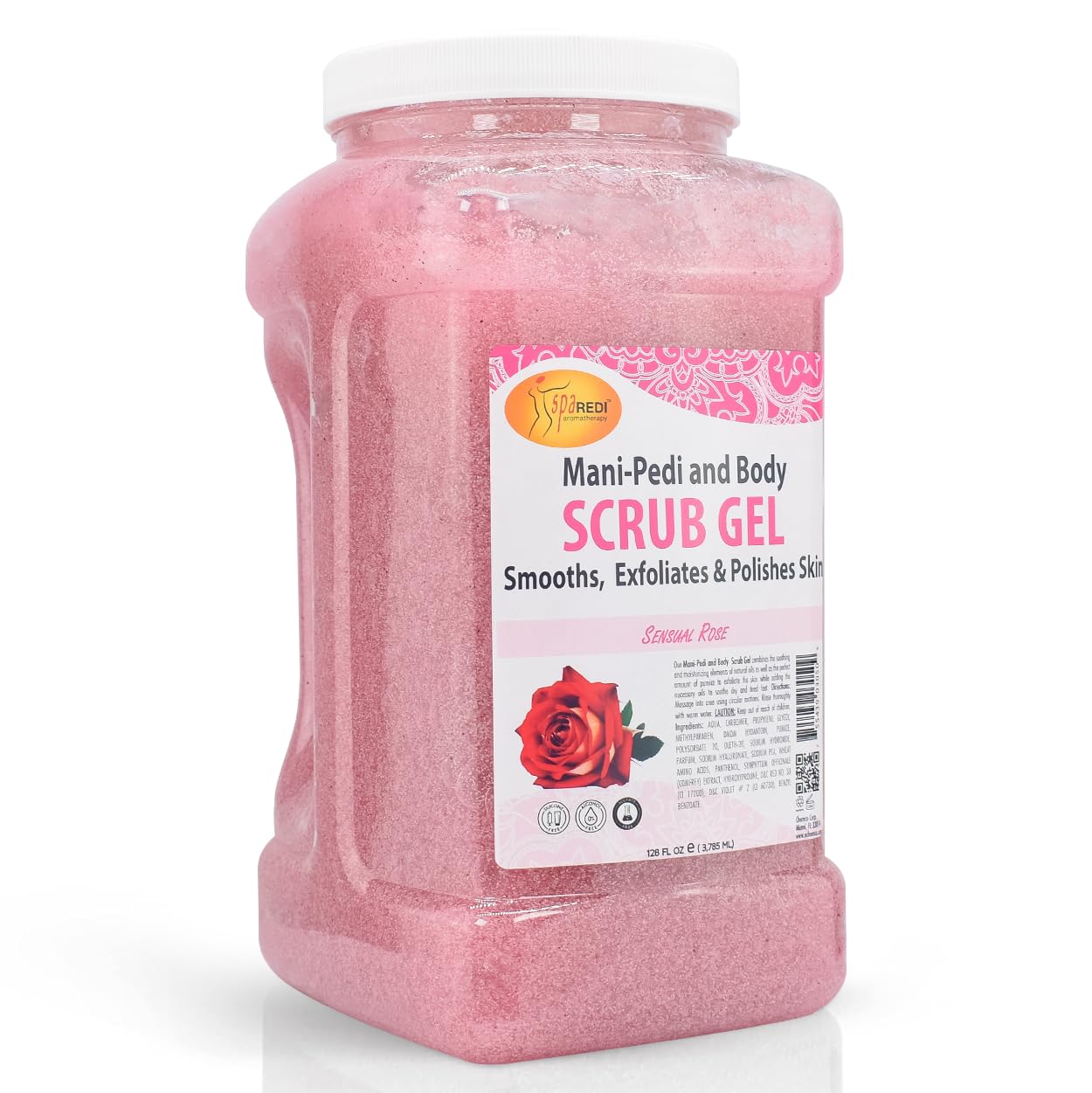 SPA REDI â€“ Sensual Rose Pumice Scrub Gel, Exfoliating, Hydrating & Nourishing, Infused with Hyaluronic Acid, Amino Acids, Panthenol and Comfrey Extract for Glowy Smooth Skin â€“ 128oz Gallon