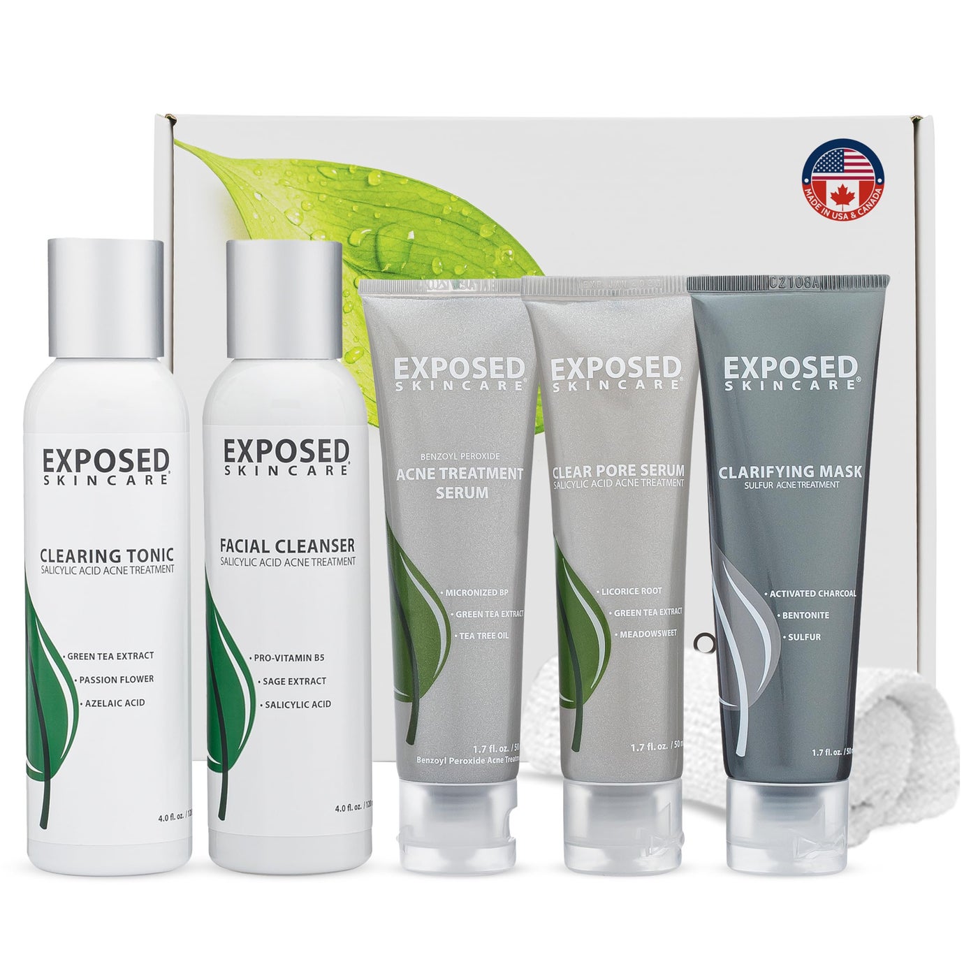 Exposed Skin Care, Acne Treatment Kit with 2.5% Salicylic Acid and 3.5% Benzoyl Peroxide to Clear Up Teen, Adult, Hormonal and Cystic Acne â€“ Natural, Non-toxic and Cruelty Free