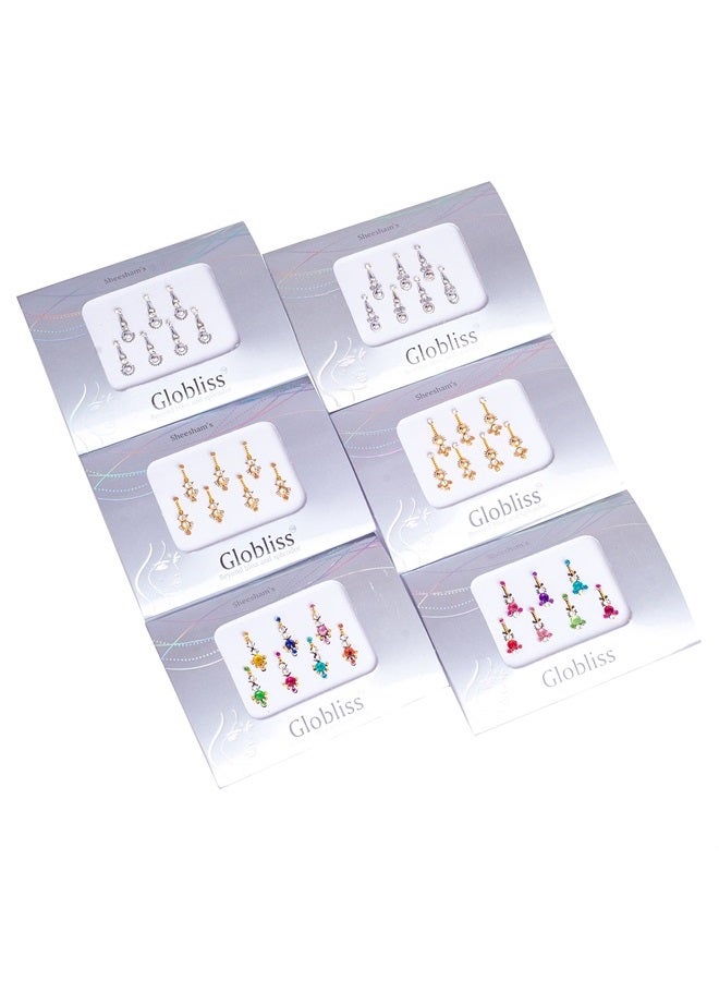 6 Packs with 42 Long Indian Bindis face Gems Forehead Sticker Silver Golden Colorful