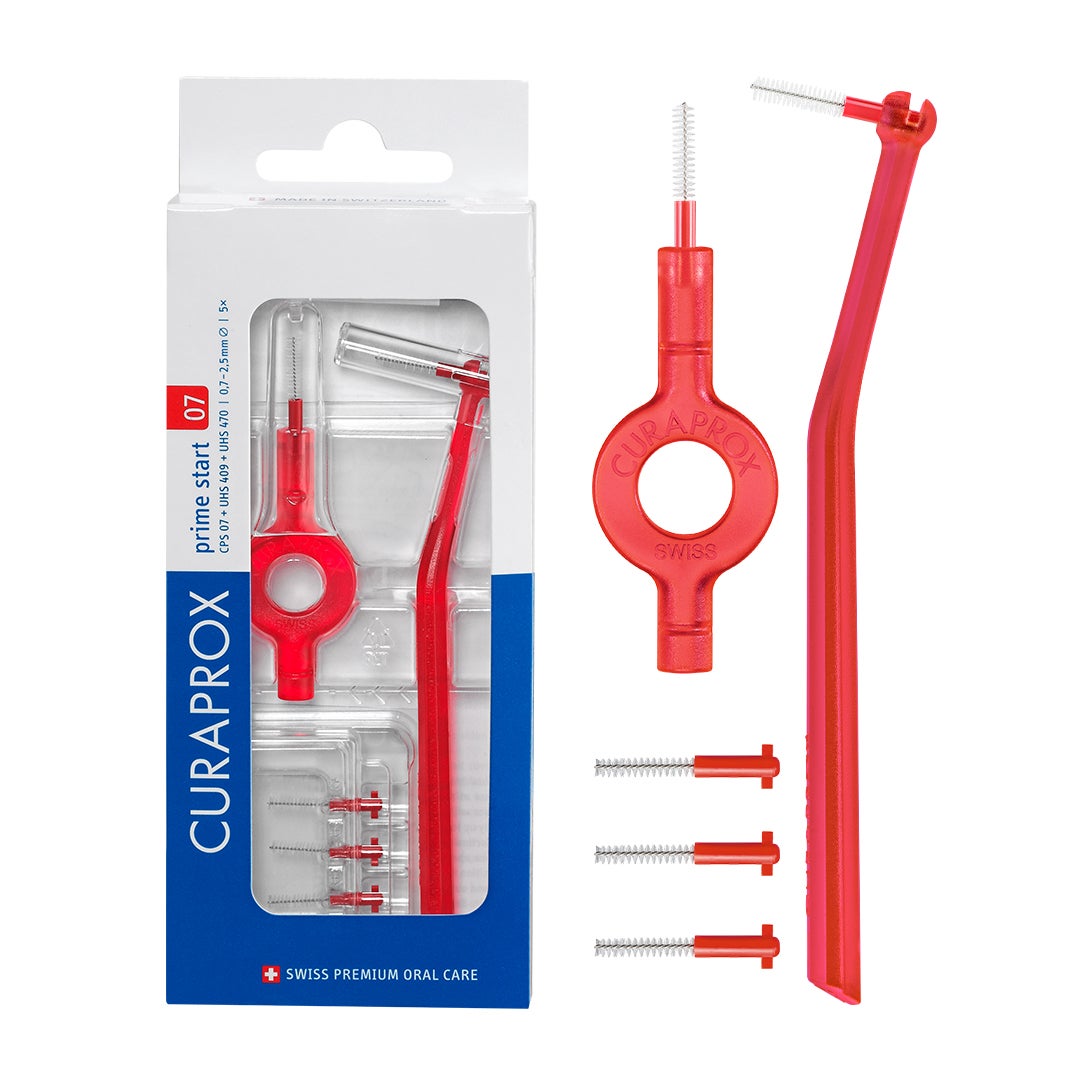 CPS Prime 07 Interdental Brush Set | 5 Ultra-Fine Brushes (0.7mm) with 2 Holders (UHS 409 & UHS 470) | Deep Plaque Removal, Red