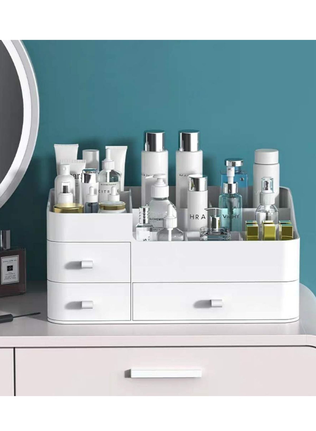 Makeup Organizer for Vanity, Large Capacity Desk Organizer with Drawers for Cosmetics, Lipsticks, Jewelry, Nail Care, Skincare, Ideal for Bedroom and Bathroom Countertops - Large White