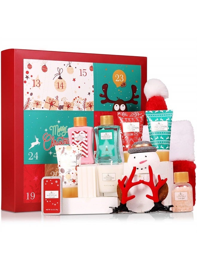 Christmas Gift Sets for Women - 12 Piece Set of Advent Calendar Women, BODY & EARTH Multi-scente Spa Gift Basket with Shower Gel, Scented Candle, Christmas Hat and More, Spa Bath Gifts Set for Women