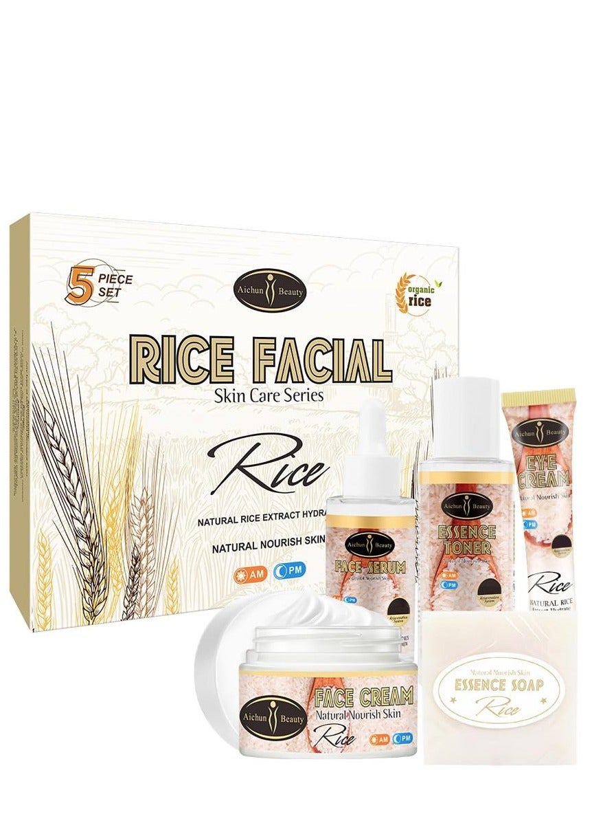 Organic Rice Facial Skin Care Set Hydrate Rejuvenating Essence Soap Toner Face Serum Eye Cream Gift Box 100g+100ml+40ml+50ml+25ml 5PCS