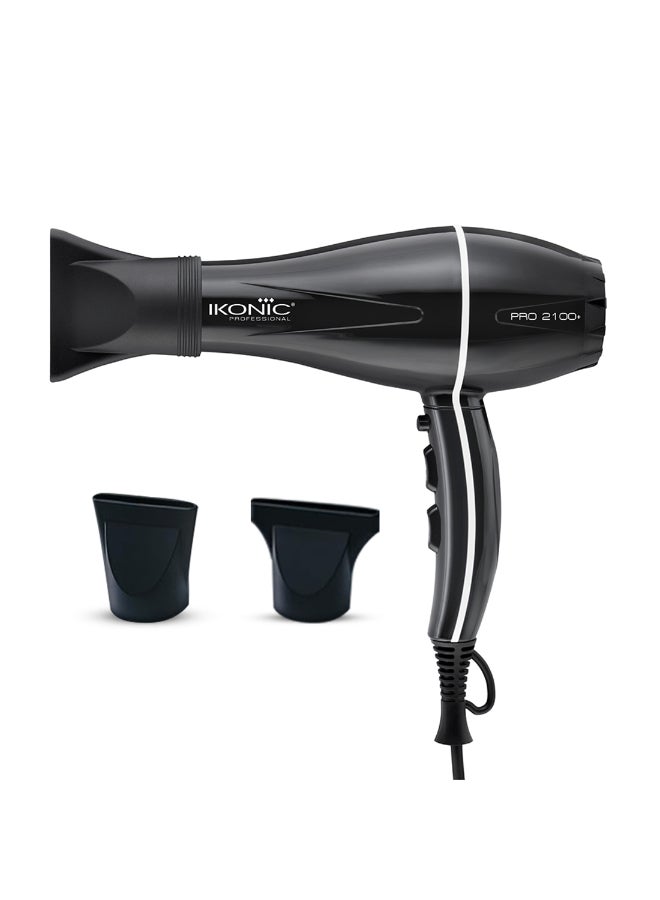 Ikonic Professional Pro 2100+ Hair Dryer, Black 2000W Powerful Motor 3 Heat & 2 Speed Settings with Cool Shot Low Noise Function 2 Interchangeable Nozzles Overheat Protection 10ft Cord For Women & Men, All Hair Type
