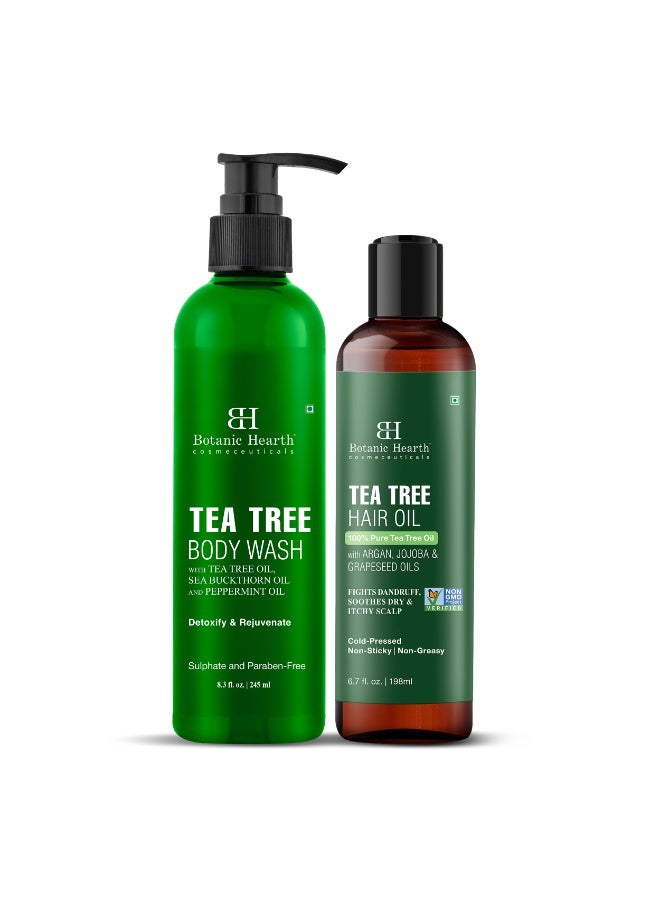 Pack of 2 Tea Tree Body Wash 245ml & Tea Tree Hair Oil 198ml Body Cleansing & Hair Nourishing Care Combo for Men & Women