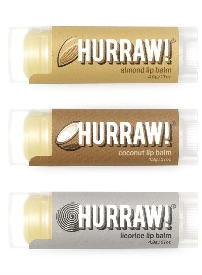 Hurraw! Almond, Coconut, Licorice Lip Balms, 3 Pack Bundle: Organic, Certified Vegan, Cruelty and Gluten Free. Non-GMO, 100% Natural. Bee, Shea, Soy & Palm Free. Made in USA