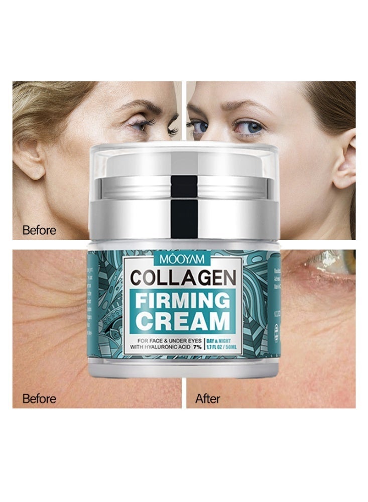 Collagen Firming Cream with 7% Hyaluronic Acid for Face and Under Eyes Day and Night Moisturizer Reduces Wrinkles and Improves Elasticity