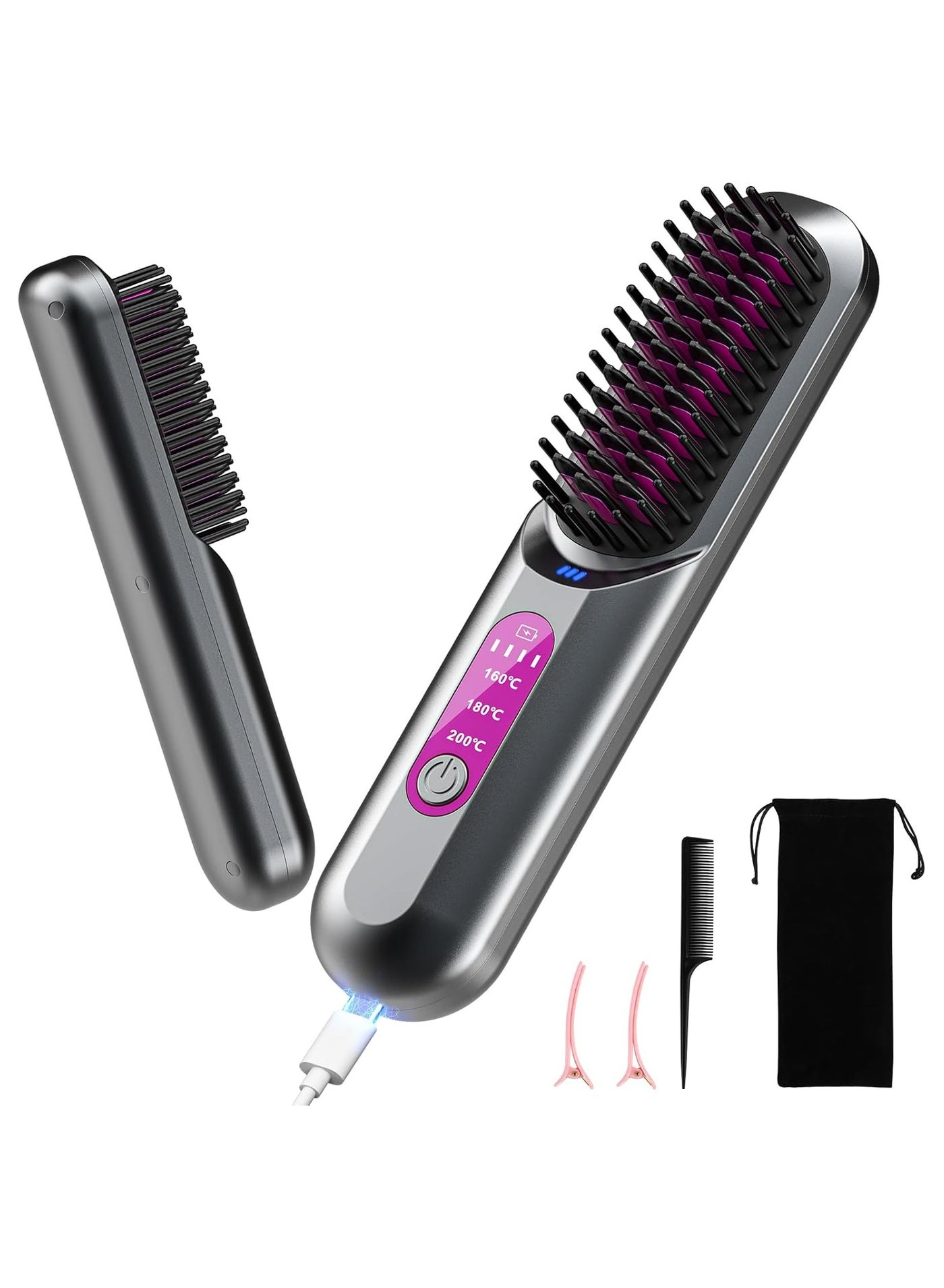 Cordless Hair Straightener Brush, 5200mAh Portable Heated Straightening Comb for Travel, Mini Negative Ion Hair Straightener Brush USB Rechargeable for Women, Beard Straightener for Men