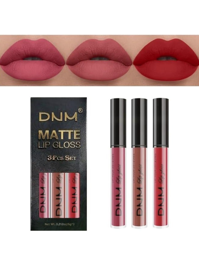 3Pcs Ruby Red Nude Pink Mauve Matte Liquid Lipstick Lip Stain Sets for Women DNM Long Lasting 24 Hours Red Stay on Matte Lipstick Light Skin matte larga duracion color 10