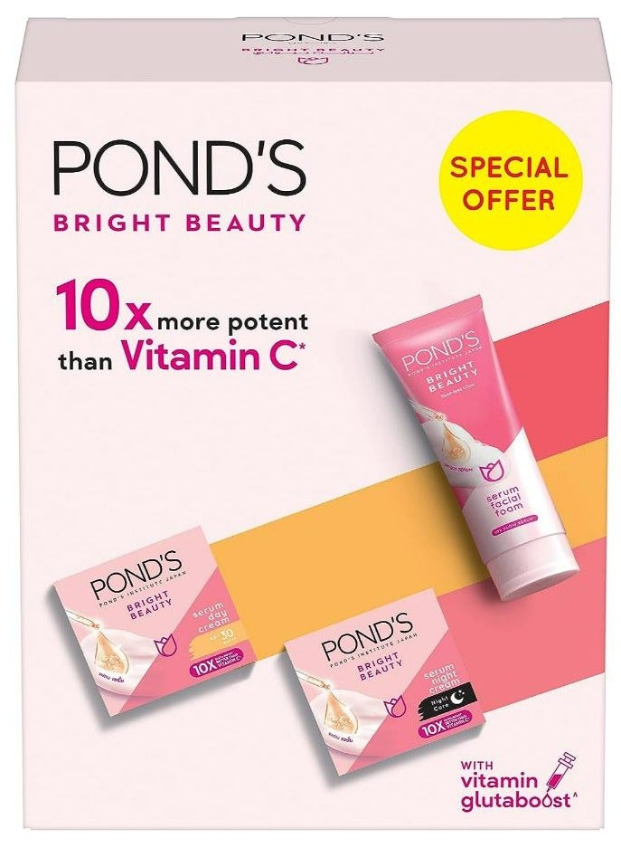 Bright Beauty Essentials, Serum Whip Facial Foam 100g, Brightening Day Cream 50g, and Night Cream 50g, for brighter, nourished skin, Set of 3