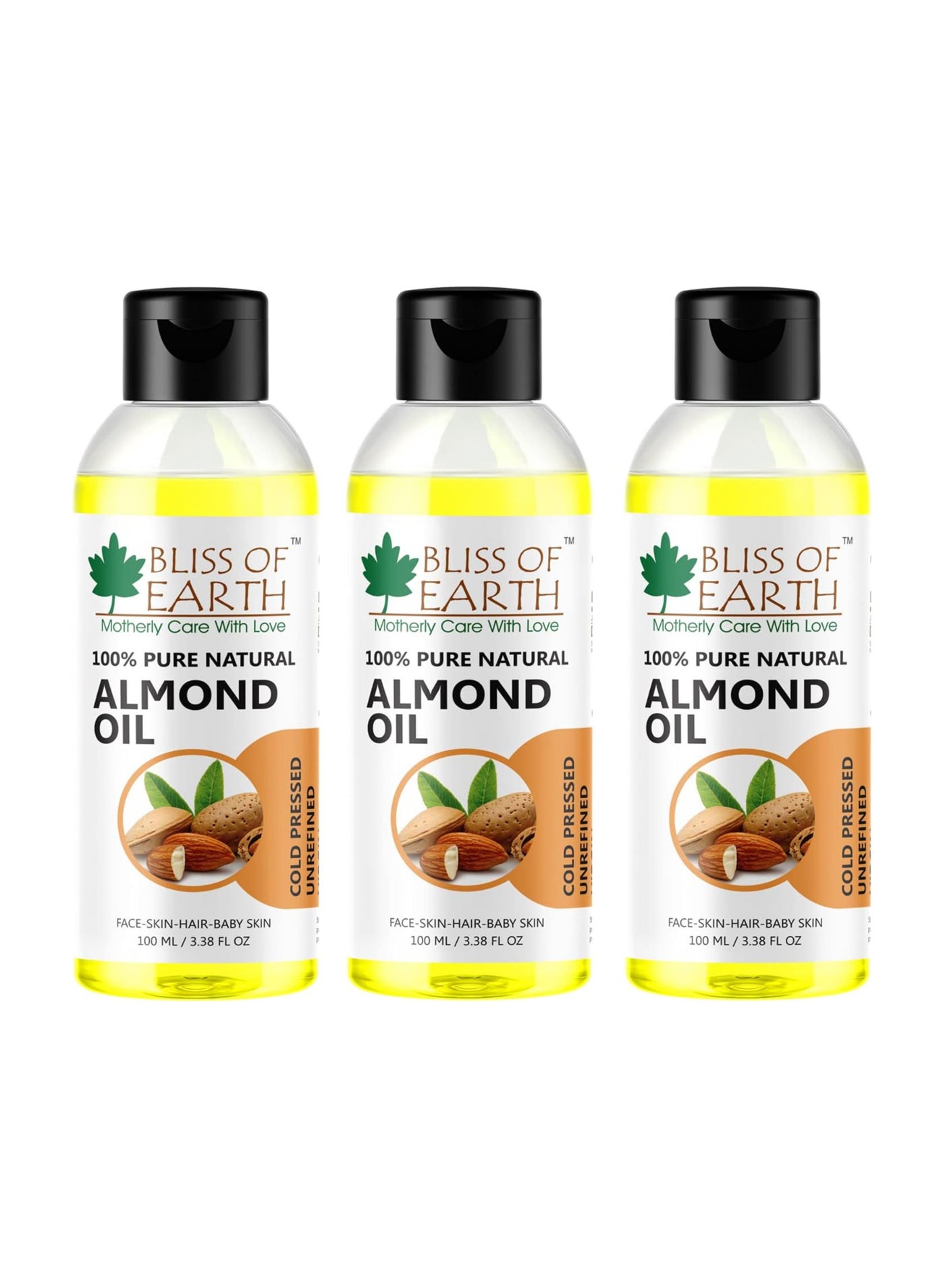 100% Pure & Natural Sweet Almond Oil Coldpressed & Unrefined Extracted From Whole Almond Kernels 100ML Pack of 3