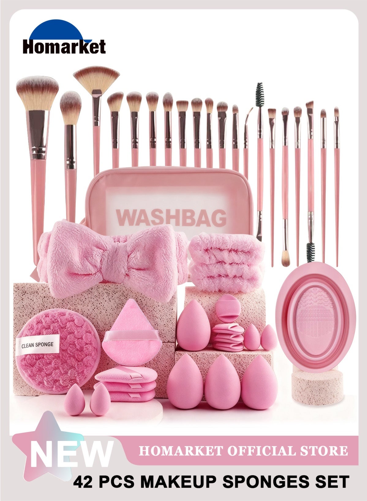 Makeup Brush Set, 42Pcs Makeup Tool Set Premium Synthetic Foundation Powder Concealers Eye Shadows Blush Makeup Brushes Kit with Makeup Sponge, Powder Puffs for Beginner & Professional，Pink
