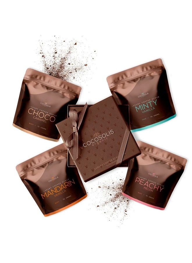 Arabica Coffee Scrub Set of 4 Packages - Natural Essential Oils - The Perfect Organic Scrubs for Your Face & Body - Coffee Scrub for Cellulite and Stretch Marks (9.9oz)