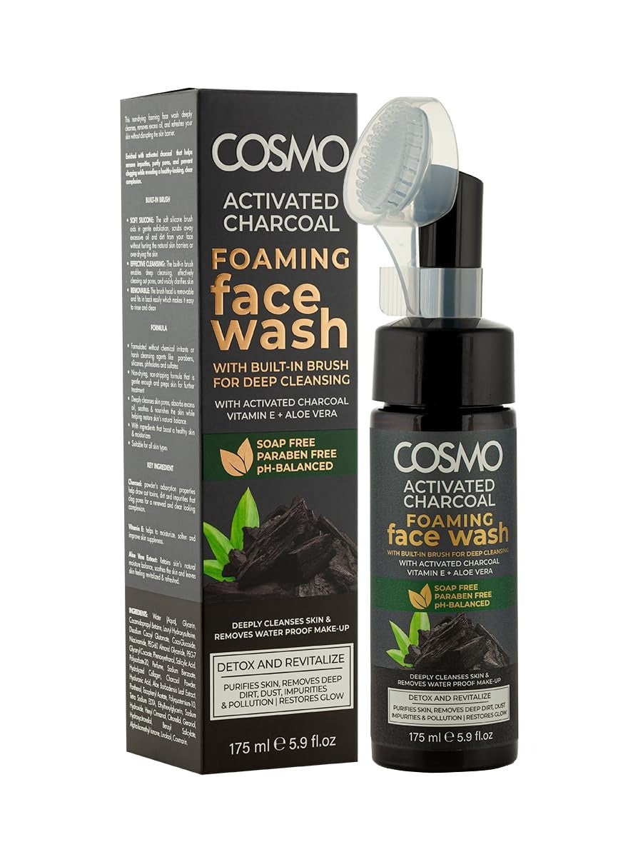 Cosmo Activated Charcoal Foaming Face Wash 175ml, With Built-in Brush for Deep Cleansing, Paraben Free, Purifies Skin, Removes Deep Dirt, Dust, Impurities & Pollution | Restores Glow, For Daily Use