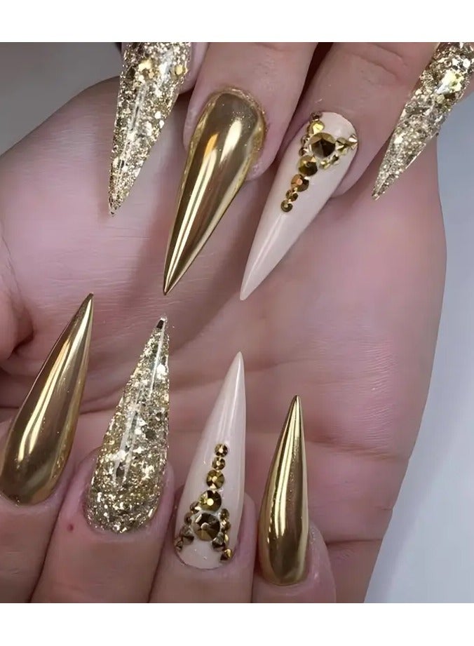1 Box of 24pcs of Hot Selling Fake Nail Stickers, Champagne Golden Glitter Nail Art Nail Sheets