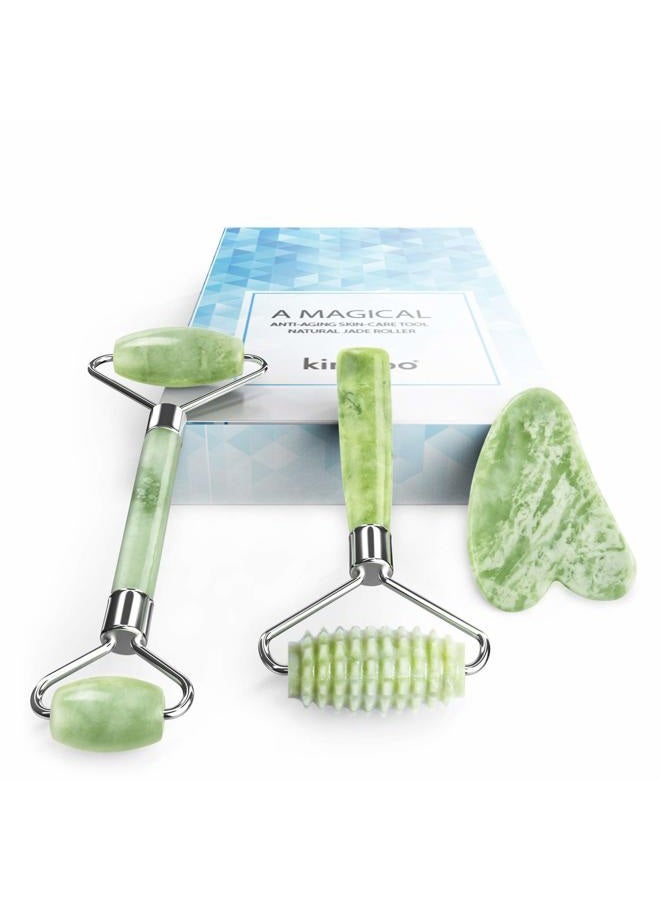 kimkoo Jade Roller and Gua Sha for Face-3 in 1 Kit with Facial Massager Tool,100% Real Natural Jade Stone Anti Aging,Face Beauty Set for Eye Anti-Wrinkle