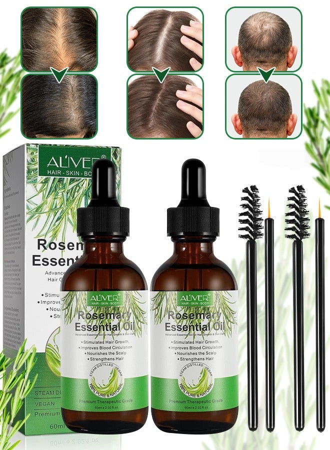 2 Pcs Rosemary Essential Oil for Hair Growth Pure Organic Rosemary Oil for Dry Damaged Hair and Growth Hair Scalp Oil Hair Loss Treatment Oil for Men and Women 60ml x 2