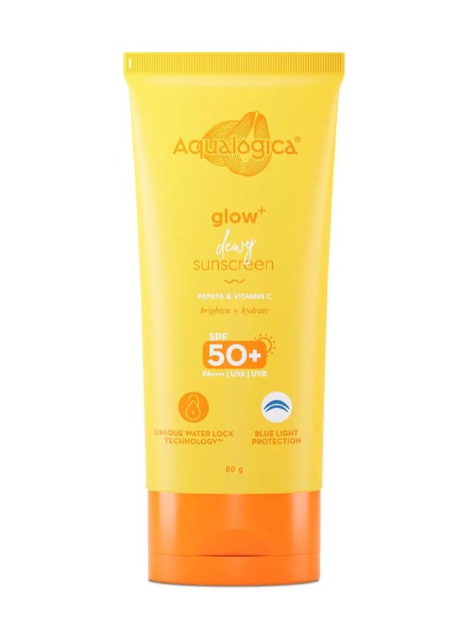 Glow+ Dewy Lightweight And Hydrating Sunscreen with SPF 50+ And PA++++ for UVA/B And Blue Light Protection And No White Cast for Men And Women -Oily, Combination And Glowing Skin -80g