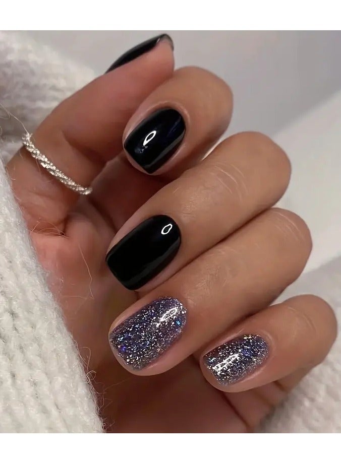 24pcs Pure Black Nails, Solid Color Press On Nails With Bling Glitter Design, Glossy Full Cover Short Square False Nails For Women And Girls, Christmas Nails