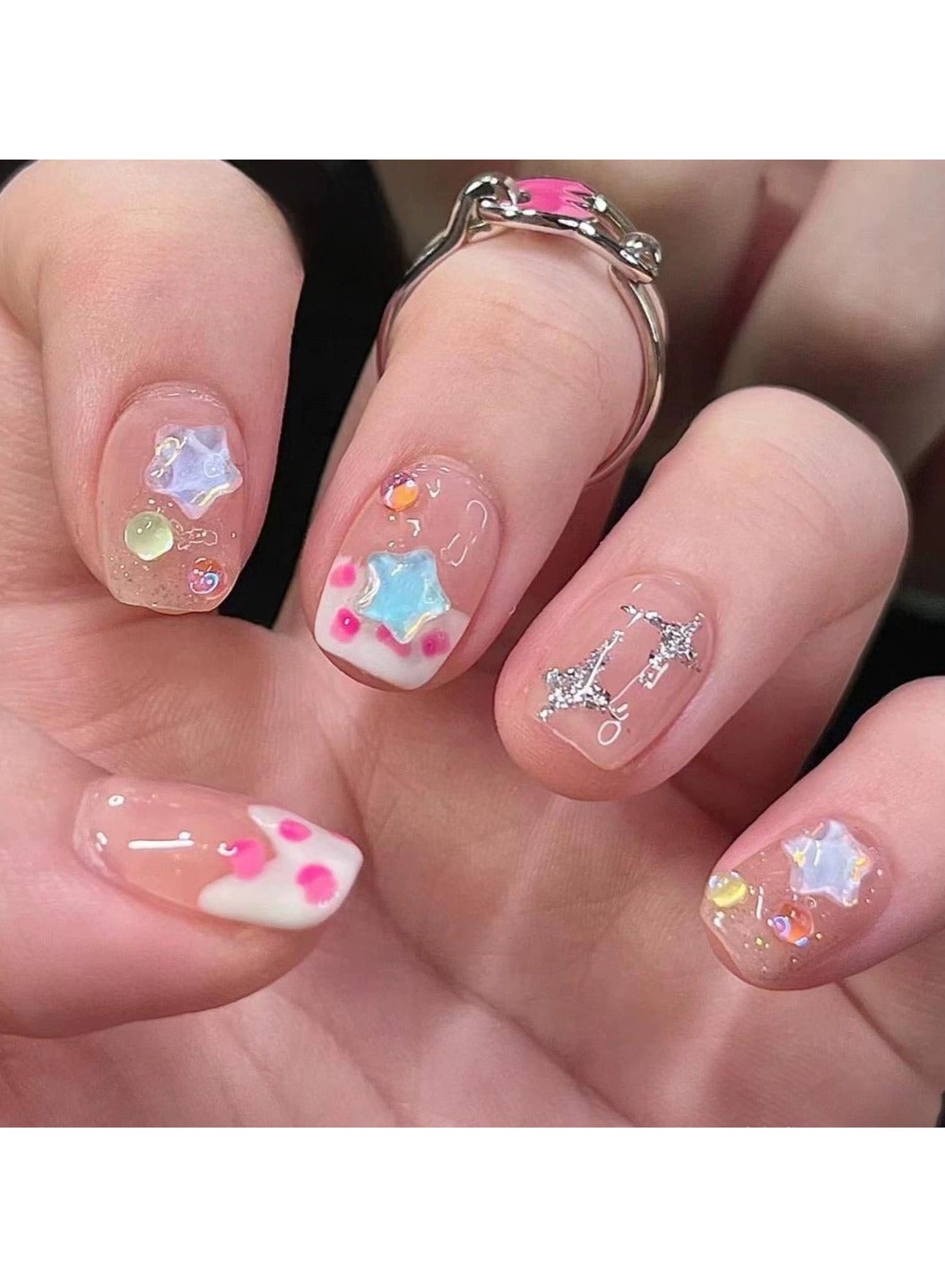 Cute Star Jelly Strawberry Press On Nails – Handmade Nail Tips Xiaohongshu Style Kawaii Fake Nails, Kids/Women