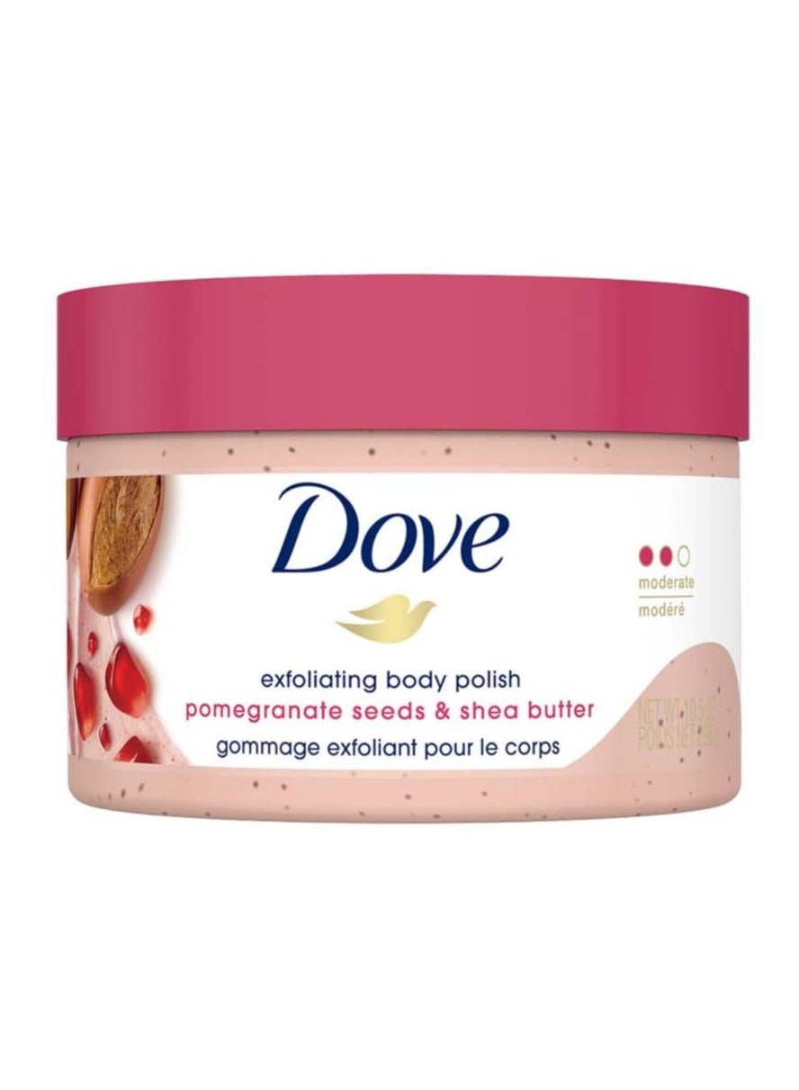 Dove Body Polish Exfoliating Scrub, Moisturizing Shea Butter and Pomegranate Seeds | Nourishes & Conditions Soft Skin | Sulphate Free, 298gm.