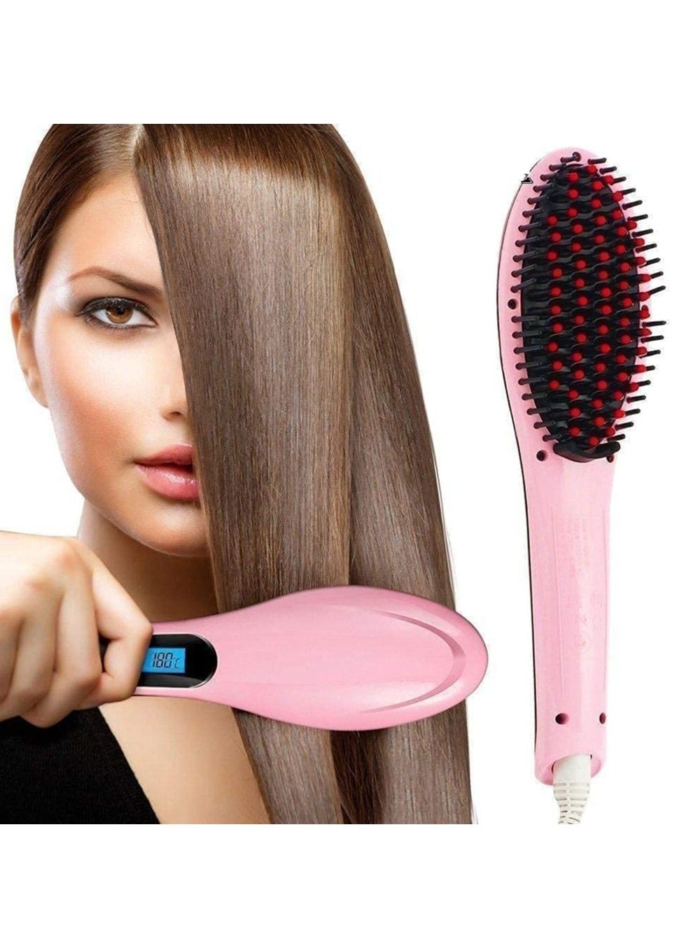 3 in 1 Ceramic Electric Fast Hair Straightener Comb Brush with LCD Screen and Temperature Control for Women (Pink)