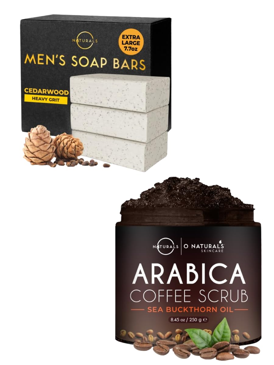 O Naturals 3pc Cedarwood Exfoliating Soap & Coffee Arabica Scrub Bundle - Heavy Grit All Natural Bar Soap with Apricot Kernels, Organic Coffee Arabica Women & Mens Body Scrub with Dead Sea Salt Scrub
