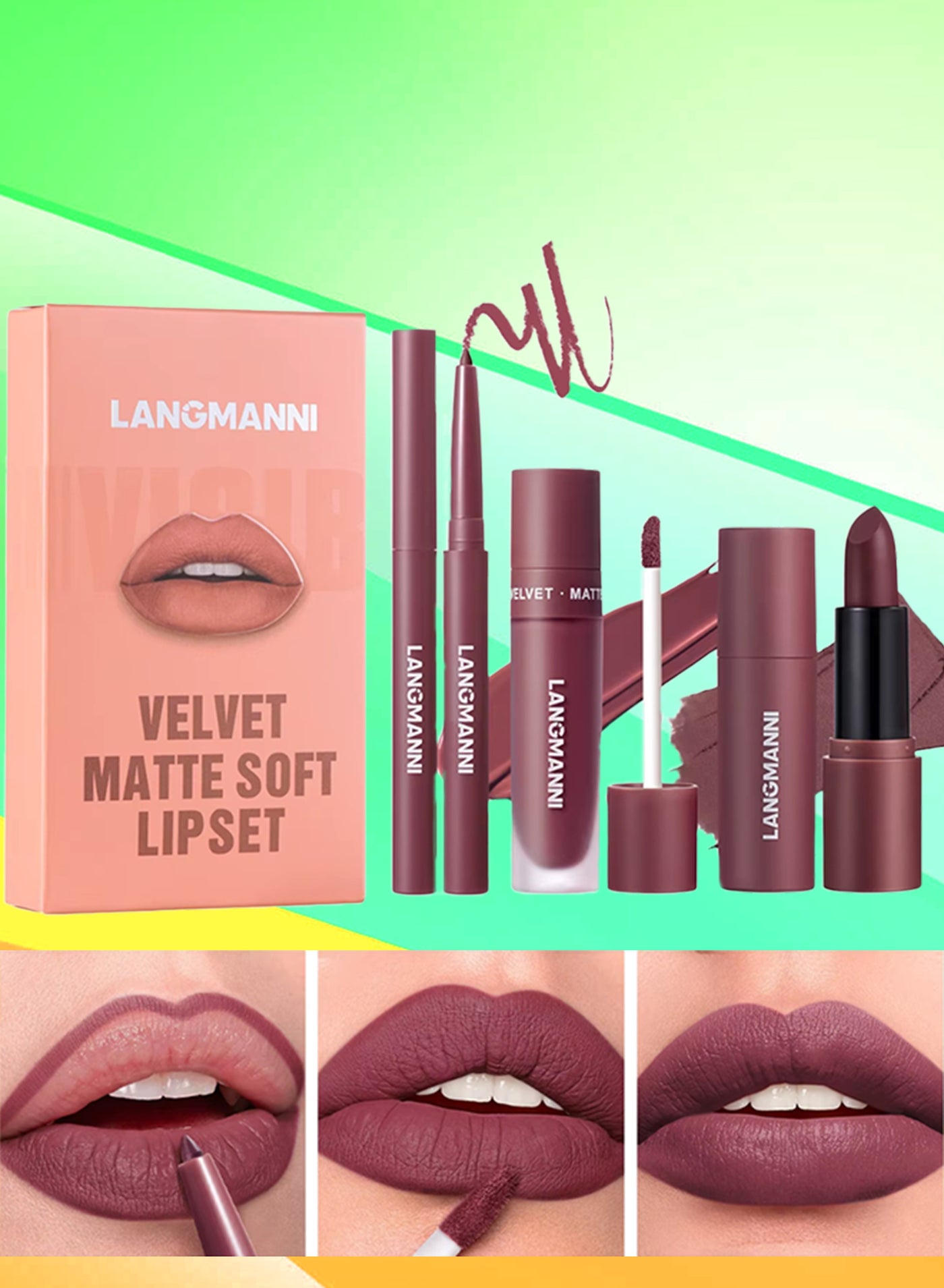 3 in 1 Matte Soft Lip Set Lip Liner Liquid Lip Gloss and Lipstick Combo Set Soft Smooth Natural Lip Contour Set Waterproof and Long Lasting Effect All in One Lip Makeup Gift Set 06