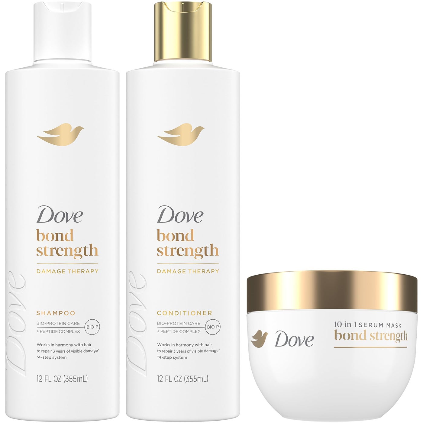 Dove Bond Strength Shampoo & Conditioner Set + Hair Mask Serum Bundle â€“ Bond Repair Treatment for Damaged and Frizzy Hair (3 Piece Set)