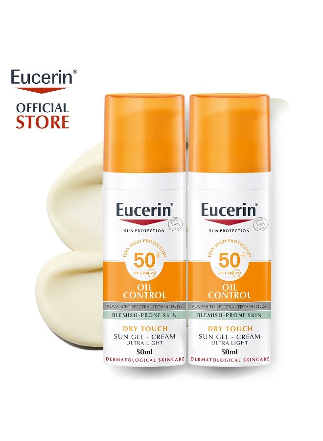 Pack Of 2 Oil Control Sun Gel-Cream Dry Touch SPF 50+ 50ml, Unscented Sun Protection Gel for Sensitive, Oily and Acne-Prone Skin, Fast-Absorbing Sunscreen with UV Filter 50ml