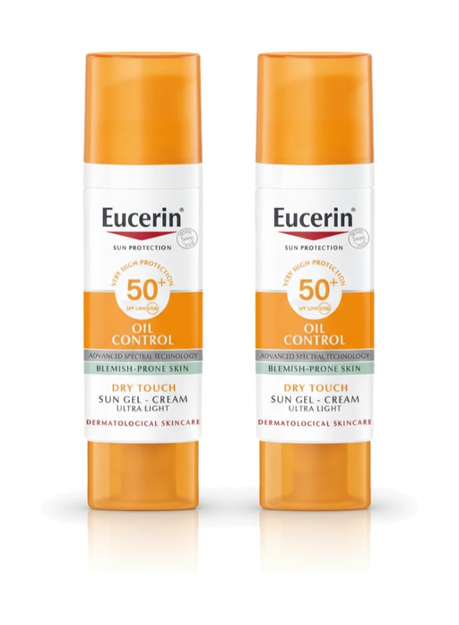 Pack Of 2 Oil Control Sun Gel-Cream Dry Touch SPF 50+ 50ml, Unscented Sun Protection Gel for Sensitive, Oily and Acne-Prone Skin, Fast-Absorbing Sunscreen with UV Filter 50ml