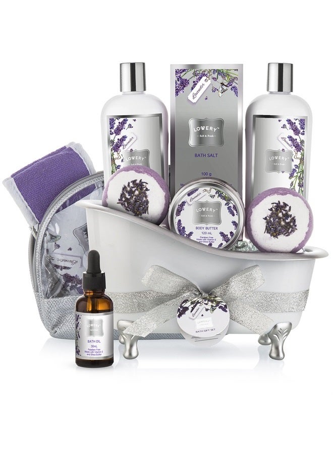Bath Gift Basket Set for Women: Relaxing at Home Spa Kit Scented - Lavender and Jasmine with Large Bath Bombs, Salts, Shower Gel, Body Butter Lotion, Bath Oil, Bubble Bath, Loofah & More