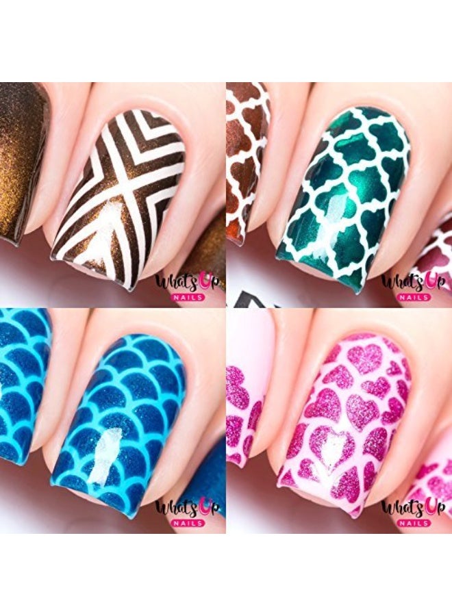Whats Up Nails - Nail Vinyl Stencils Variety Pack 4pcs (X-Pattern, Moroccan, Scales, Hearts) for Nail Art Design