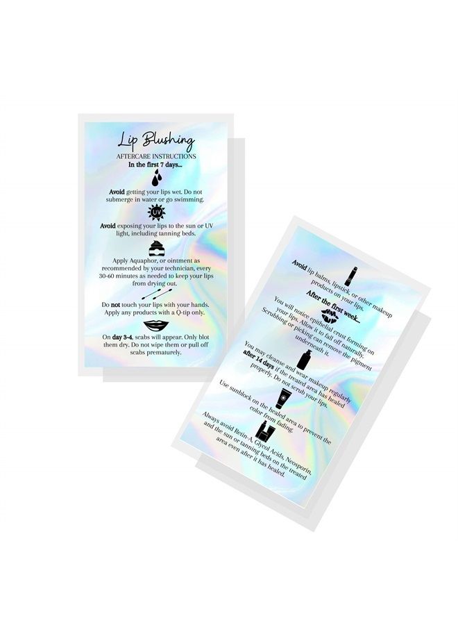 Lip Blush Aftercare Instructions Card | 50 Pack | 2x3.5inch inches Business Card Size | Lip Glow Lip Blush PMU Lip Tint Lip Tattoo | Holographic Look Design, silver, rainbow, hol