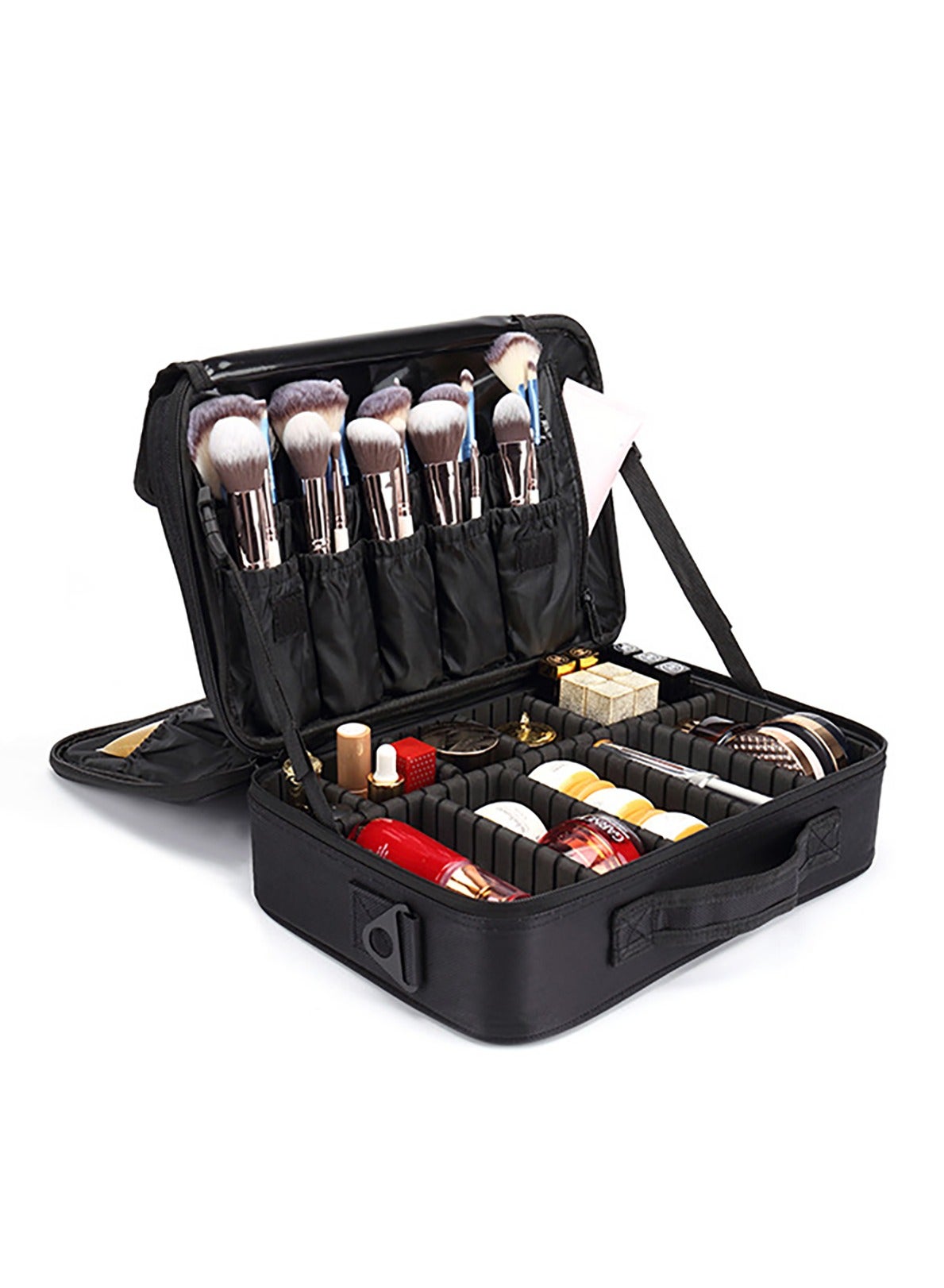 Makeup Bag, MakeupTravel Organizer,Travel Cosmetic Organizer Brush Holder, Waterproof Makeup Artist Storage Box for Hair Curler Hair Straightener Brush Set and Cosmetics, 3 Layer Large Capacity, with Adjustable Strap