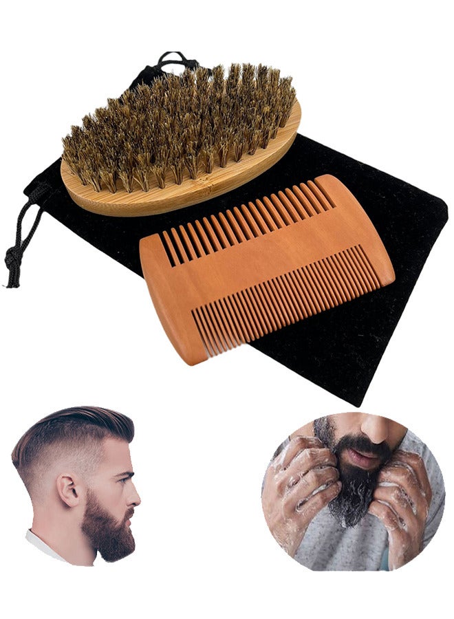 Wooden Beard Brush for Men & Beard Comb Set Grooming Kit, Set Includes Soft Boar Bristle Brush, Bamboo Wide Tooth Comb, Straighten & Soften Your Beard, Dual Action Bamboo Comb