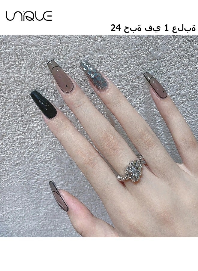 24Pcs Fake Nails, Press Nails, Mid-length Ballet Manicure - Shiny Black French Manicure - Clean Lines French Manicure - Fake Nail Patch
