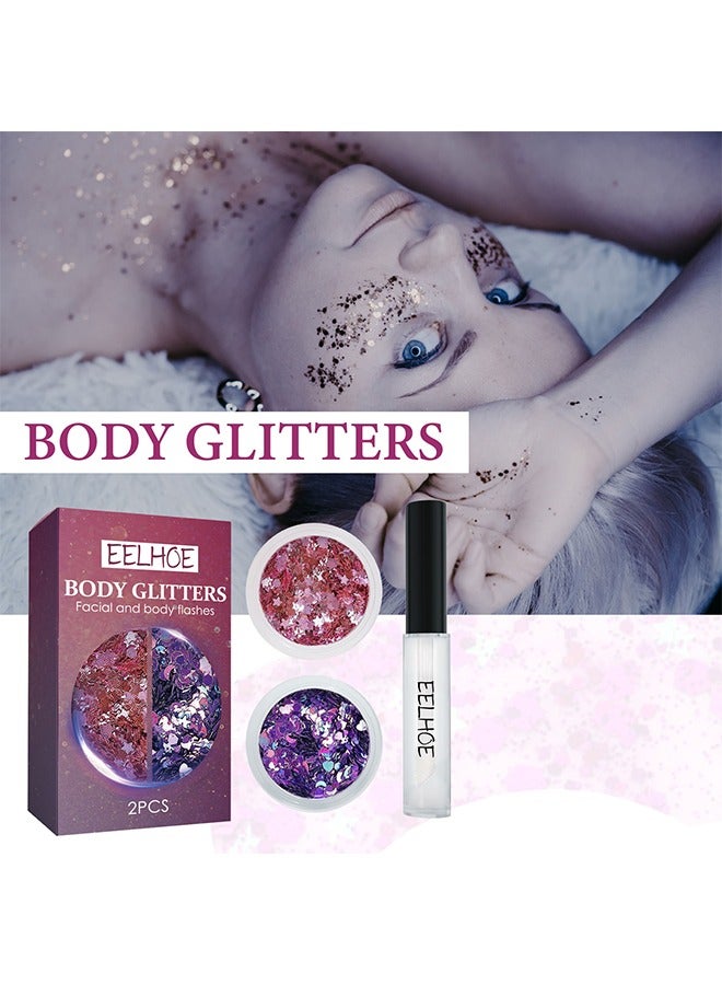Holographic Chunky Glitter Cosmetic Body Hair Face Eye Nail for Festival Carnival Concert Party Beauty Rave Accessories Different Sizes&Shapes 2 Pots + Quick Dry Primer Glue Gel