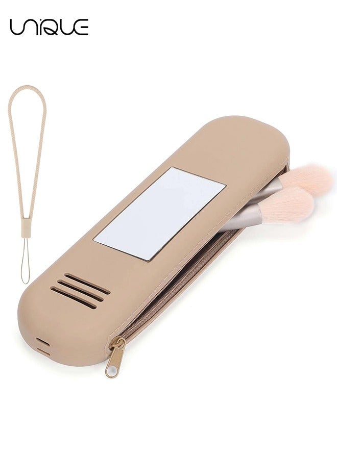 Silicone Makeup Brush Bag - Portable, Anti-Fall, Zipper Closure, with Soft Mirror & Breathable Air Holes - Ideal for Daily Use, Travel & Work - Perfect Gift for Women (Khaki)
