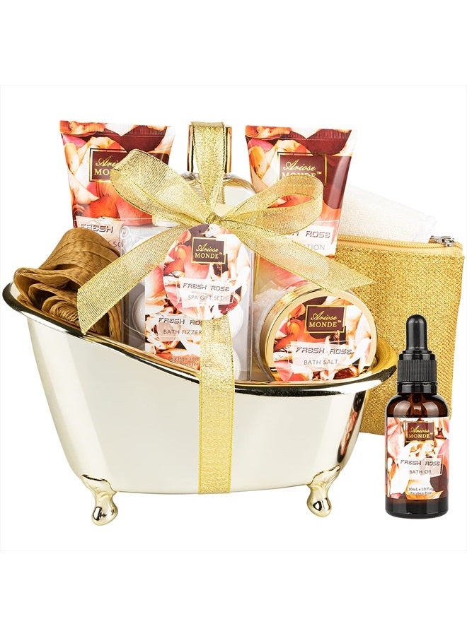 Bath and Body Gift Set for Women & Men, 10 Pcs Spa Gift Basket with Fresh Rose Scent, Includes Shower Gel, Bubble Bath, Body Lotion and Scrub, Bath Salt, Bath Bombs, Bath Puff, Bath Oil