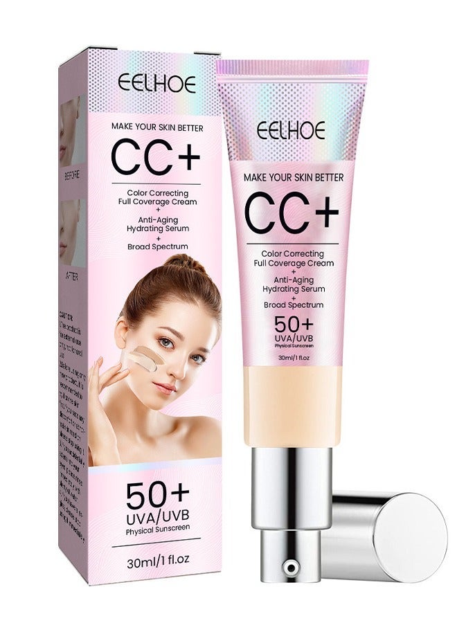50+UVA/UVB Physical Suncreen，CC Cream SPF 50, CC Cream Foundation, Lightweight Full Coverage Hydrating Serum, Control Oil and Moisturize Waterproof Long Lasting Matte Color Correcting Cream（#01 Light） 30ml