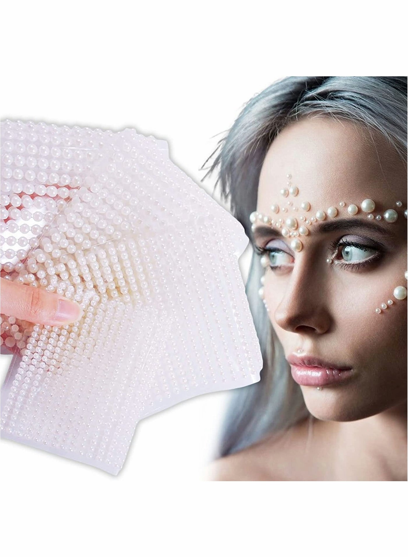 White Pearl Rhinestone Stickers Makeup, Eye Gems Face Jewels Body Crystal Makeup Diamonds Temporary Tattoo Dots for Women Girls 3D Self Adhesive Flatback Pearls Nail Art Decorations, 4 Size 2800 PCS