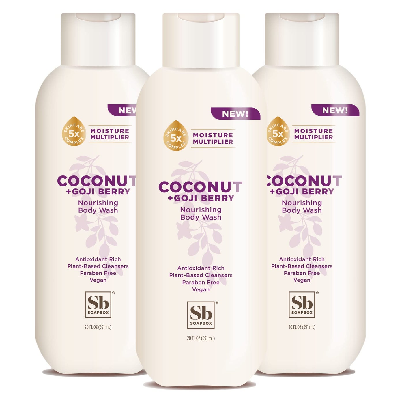 Soapbox Body Wash, Coconut + Goji Berry Body Wash for Women, Men, Vegan + Antioxidant Rich Moisturizing Soap with Shea Butter, Peptides & Keratin Promoting B3, 3 Pack, 20oz Each