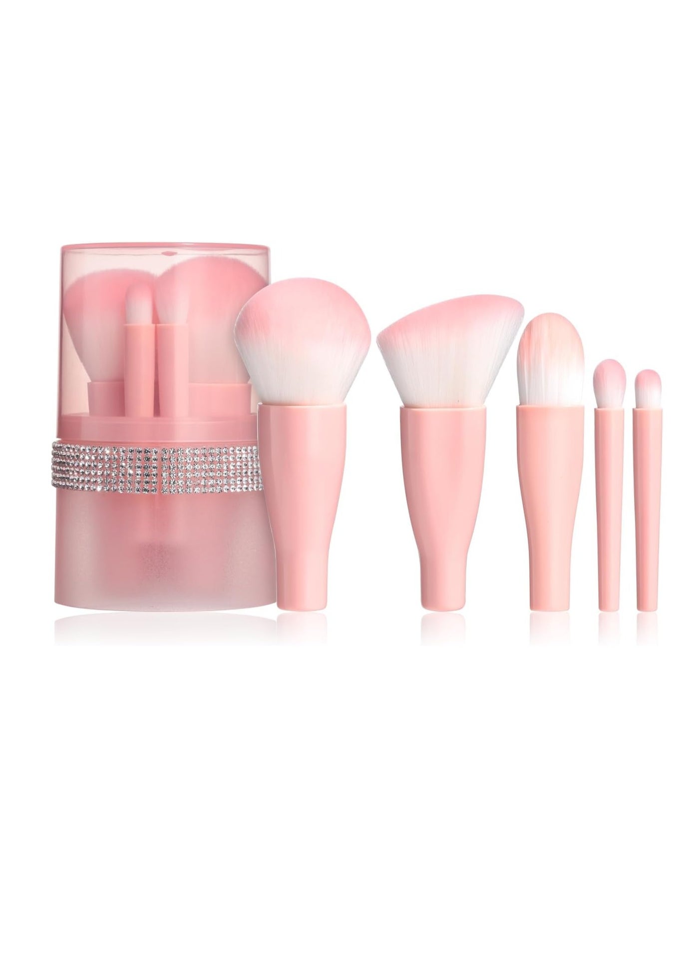 Travel Mini Makeup Brushes Set, Short Portable Travel Brush With Diamond Case, for Contour Blush Foundation Powder Concealers Eye Shadows, Pink 5PCS