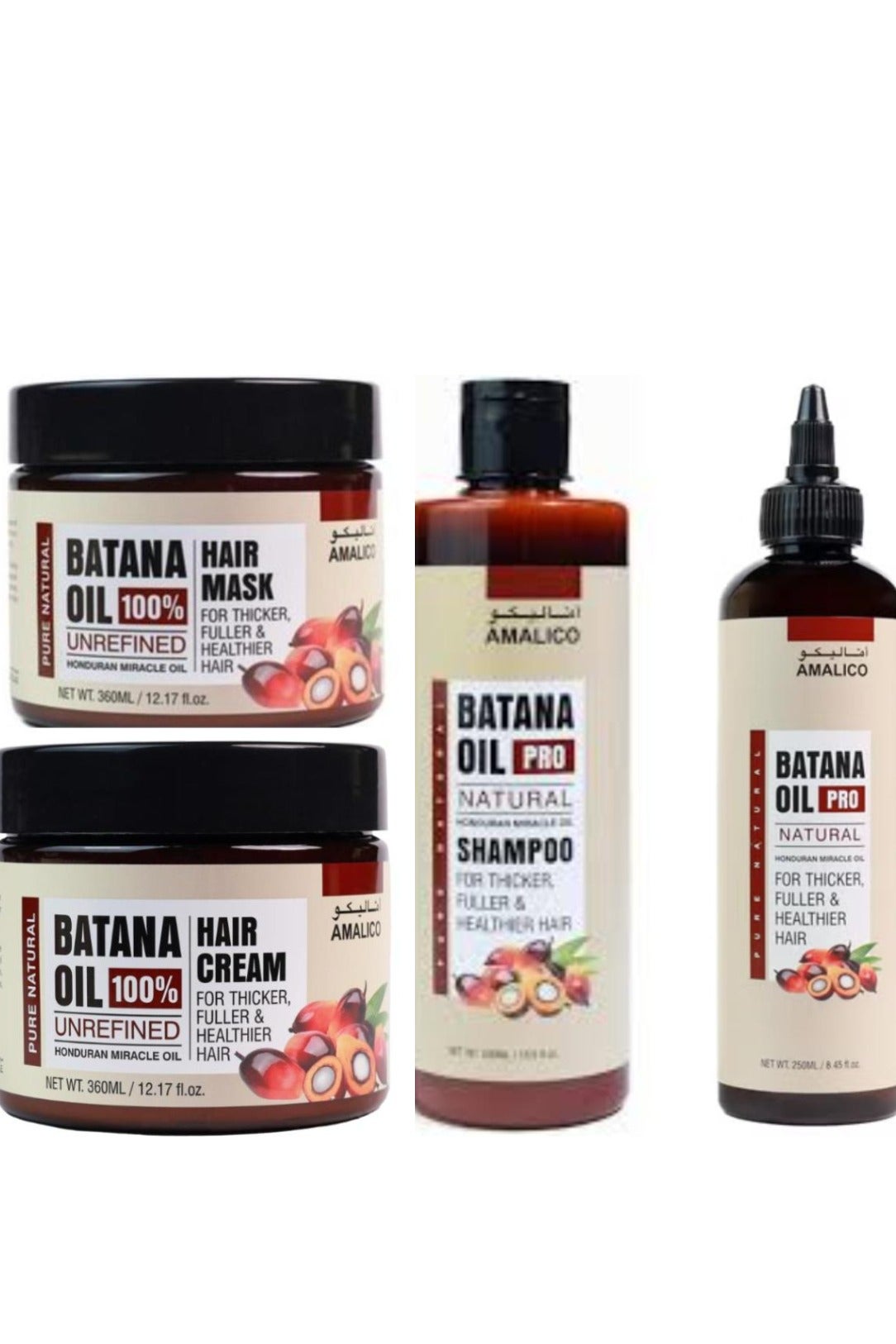 Set Of 4 Pcs Batana Hair  Oil 250ml + Batana Oil Pro Natural Shampoo + Batana Oil 100% Unrefined Hair Mask 360ml+Batana Oil 100% Unrefined Hair Cream 360ml