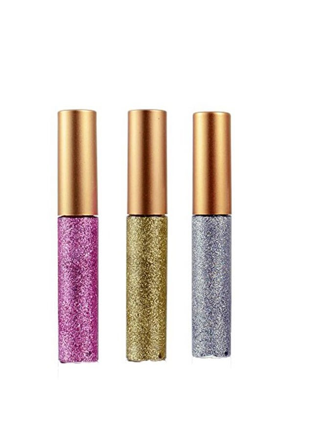 Liquid Glitter Eyeliner 3 Color Metallic Glitter Sparkling Eyeliner Face Eye Cosmetic Glow Shimmer Makeup Glitter Eye Shadow Long Lasting Sparkling Eyeliner Eye Shadow Gold Brown,Silver and Pink