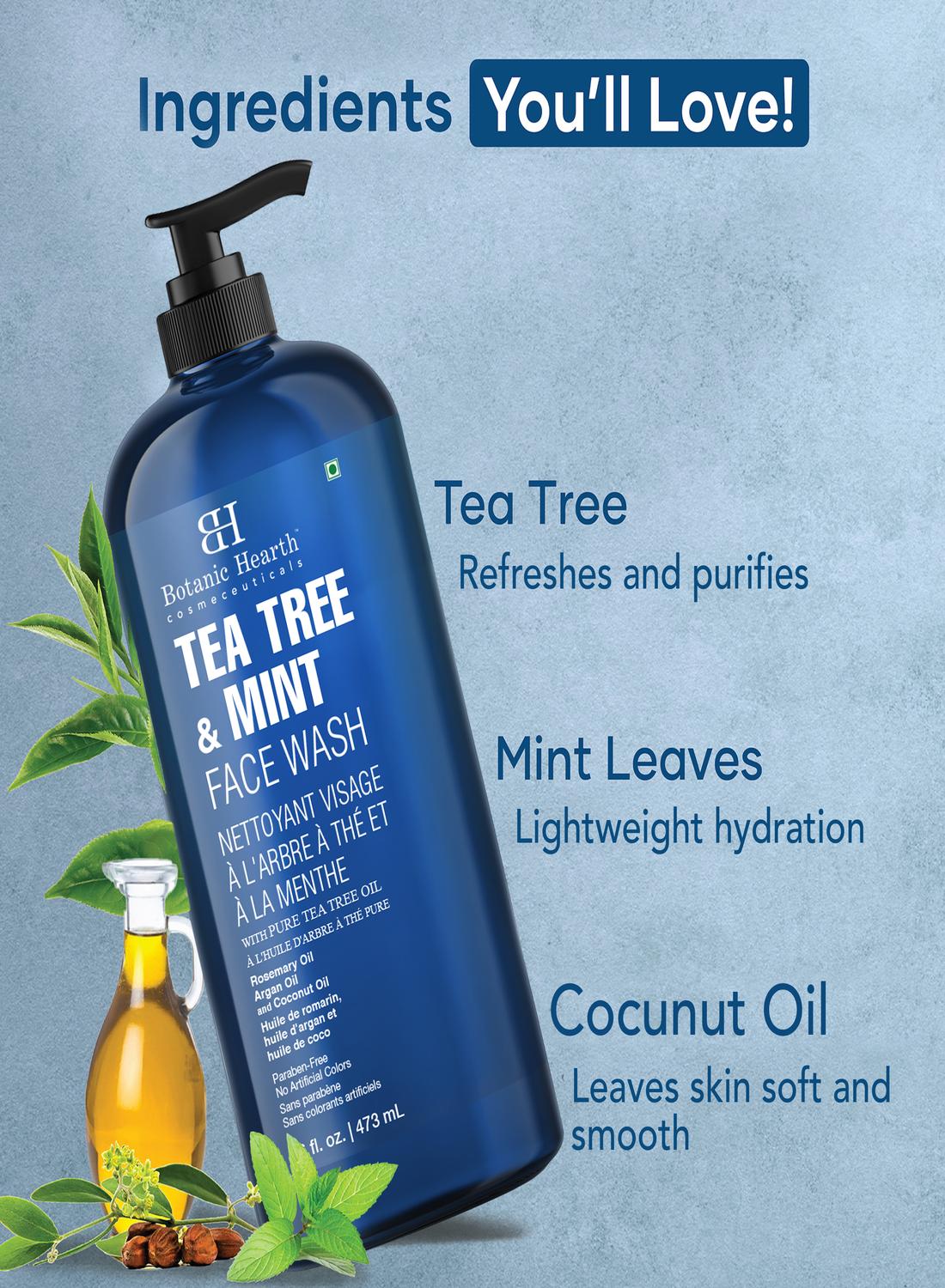 Tea Tree Face Wash with Mint - Hydrating Liquid Face Soap with Pure Tea Tree Oil - for Women and Men- 16 fl oz