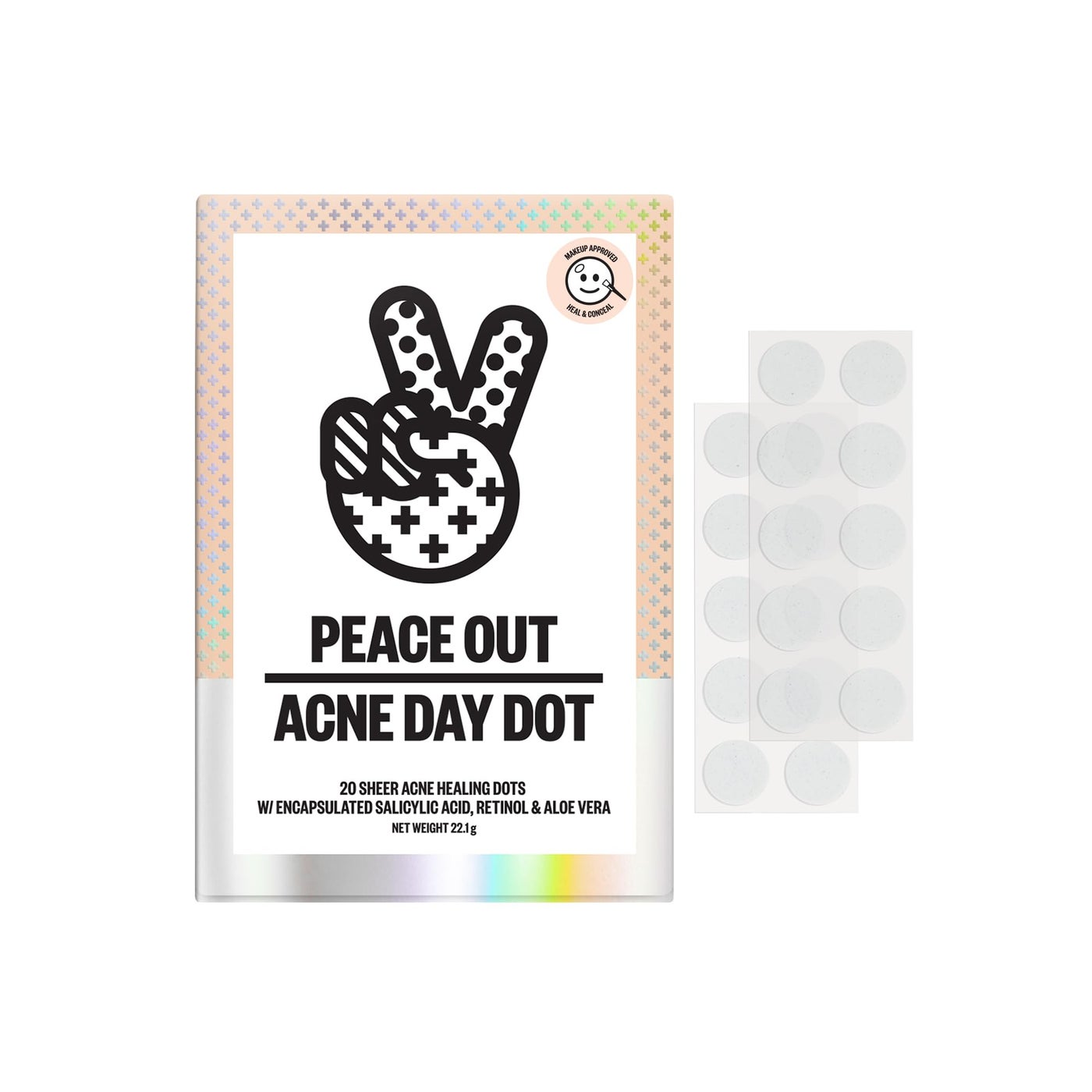PEACE OUT Acne Day & Night Duo, Sheer Hydrocolloid Pimple Patches For Day Plus Overnight Acne Dots, Helps Clear Blemishes Quickly with Salicylic Acid, Retinol and Aloe Vera, 20 dots