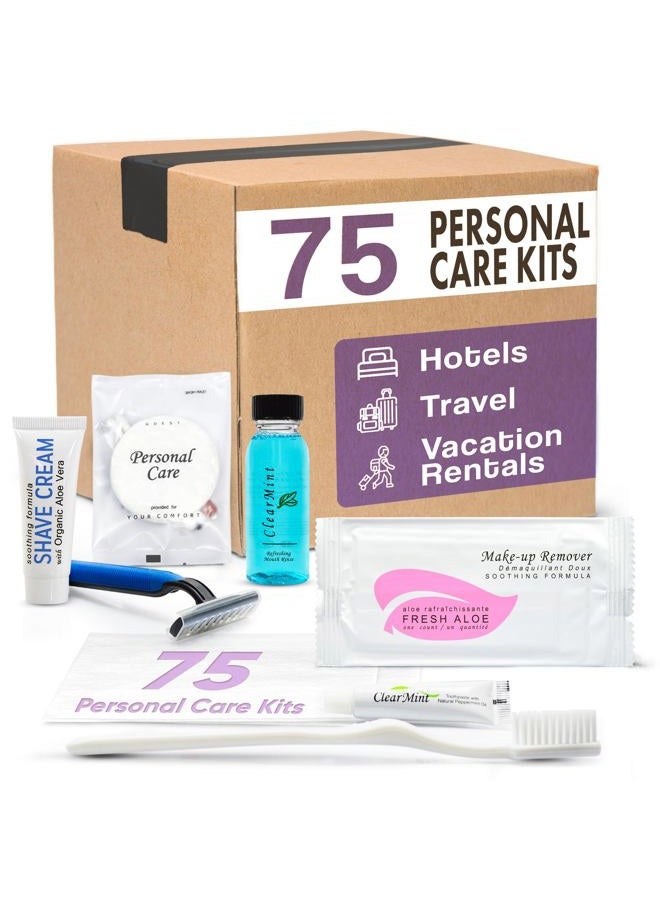 Personal Care Travel Toiletries | 1-Shoppe Amenities Kit | Travel Shaving Set, Toothbrush & Paste, Mouthwash, Makeup Wipes, Swabs, Nail File & Sewing Kit | 75 Pieces